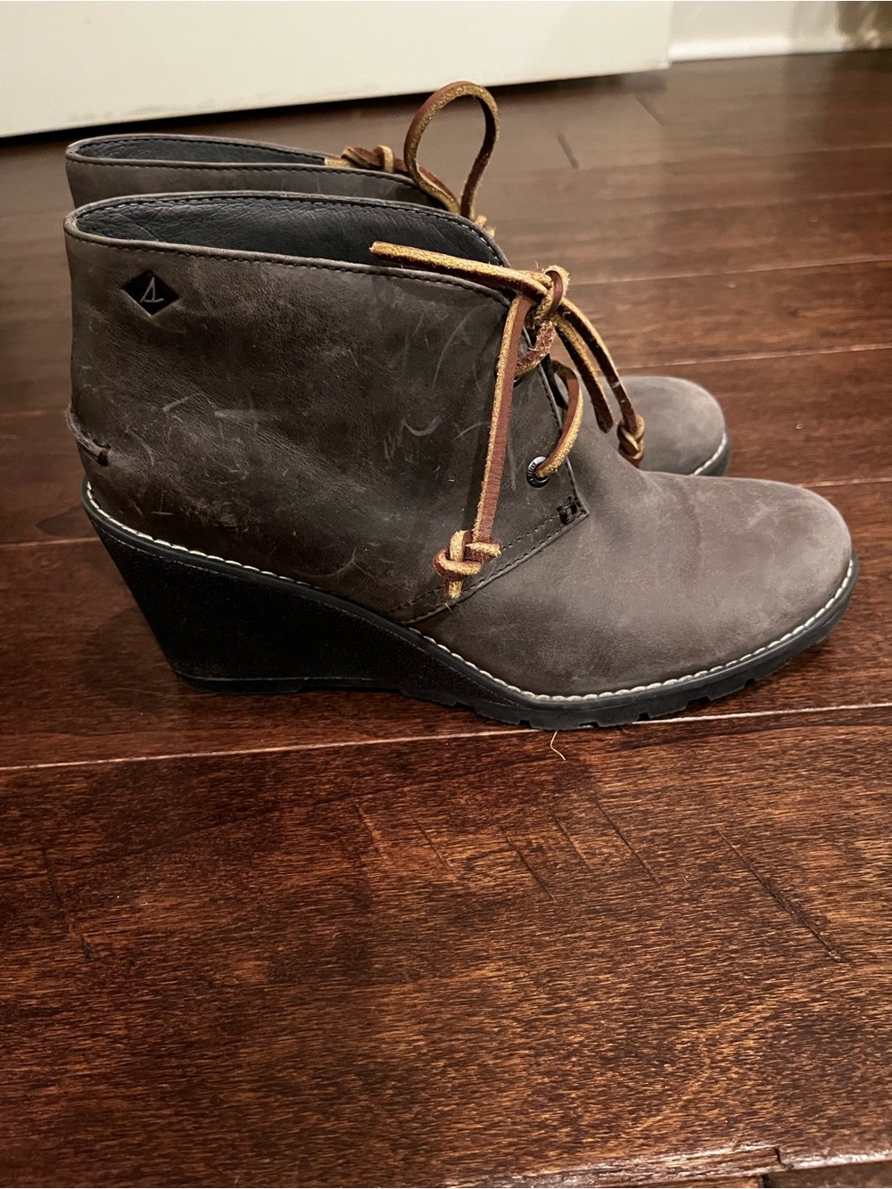 Sperry Gray Wedge Ankle Boot with Brown Laces